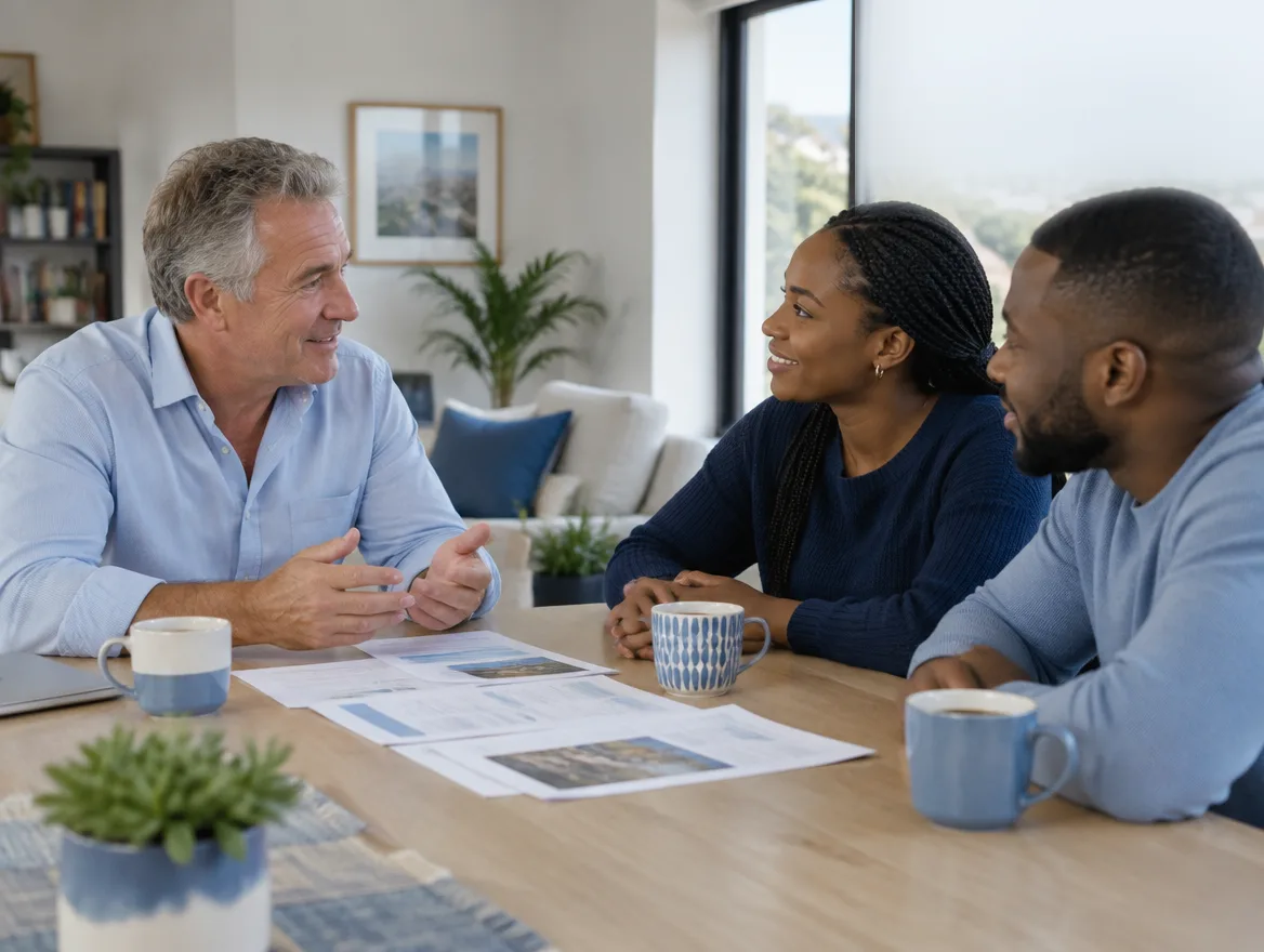 Financial advisor meeting a young couple over coffee