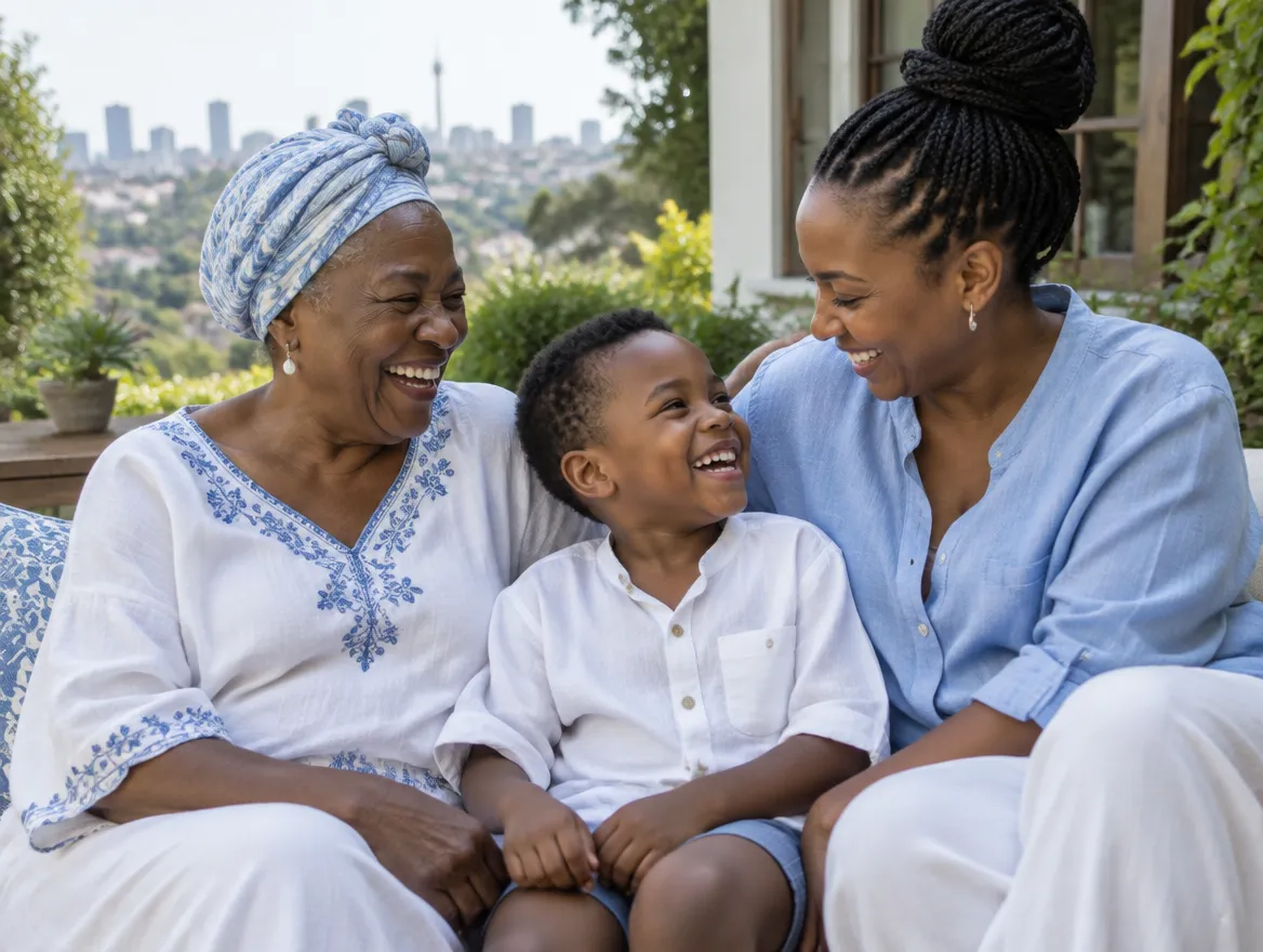 Grandmother, mother and son laughing together on a patio